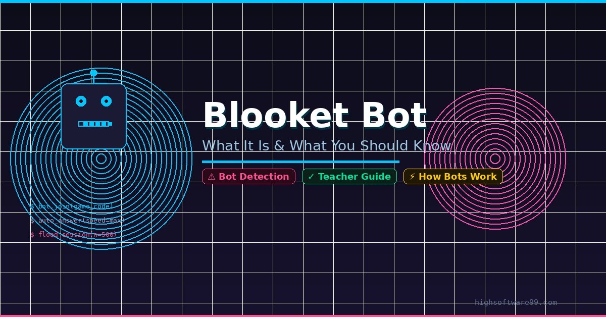 Blooket bot featured image showing a robot icon with glowing cyan eyes, bold title text, and code snippets on a dark tech-themed background.