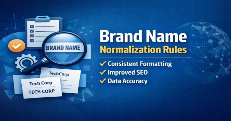 Illustration showing brand name normalization rules for consistent branding, improved SEO, and data accuracy