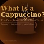 A close-up illustration of a hot cappuccino in a dark ceramic cup with latte art heart, surrounded by coffee beans, with the text "What Is a Cappuccino?" on a rich espresso-brown background.