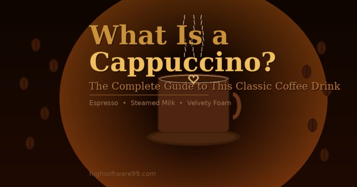 A close-up illustration of a hot cappuccino in a dark ceramic cup with latte art heart, surrounded by coffee beans, with the text "What Is a Cappuccino?" on a rich espresso-brown background.
