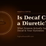A steaming cup of decaf coffee on a dark background with the text "Is Decaf Coffee a Diuretic? What Science Actually Says About Decaf and Your Hydration" displayed prominently.