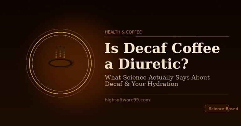 A steaming cup of decaf coffee on a dark background with the text "Is Decaf Coffee a Diuretic? What Science Actually Says About Decaf and Your Hydration" displayed prominently.