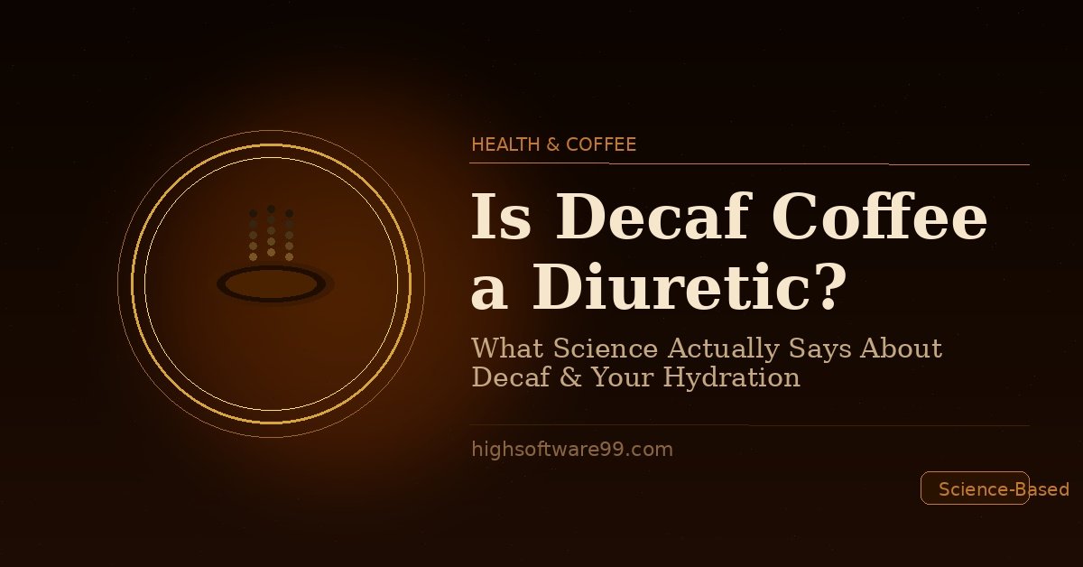 A steaming cup of decaf coffee on a dark background with the text "Is Decaf Coffee a Diuretic? What Science Actually Says About Decaf and Your Hydration" displayed prominently.