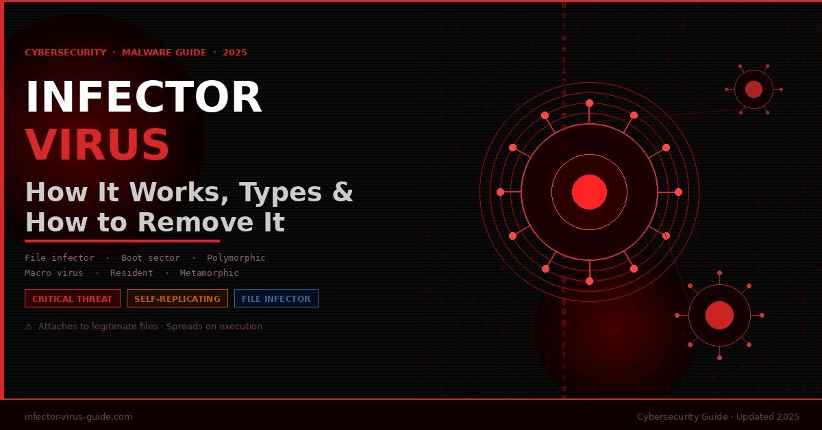 Infector virus cybersecurity guide — virus cell illustrations with spike proteins on dark background with red binary code