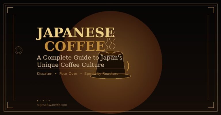 **Japanese coffee guide featured image showing a stylized coffee cup with steam, golden typography reading Japanese Coffee, and warm dark tones representing Japan's unique coffee culture**