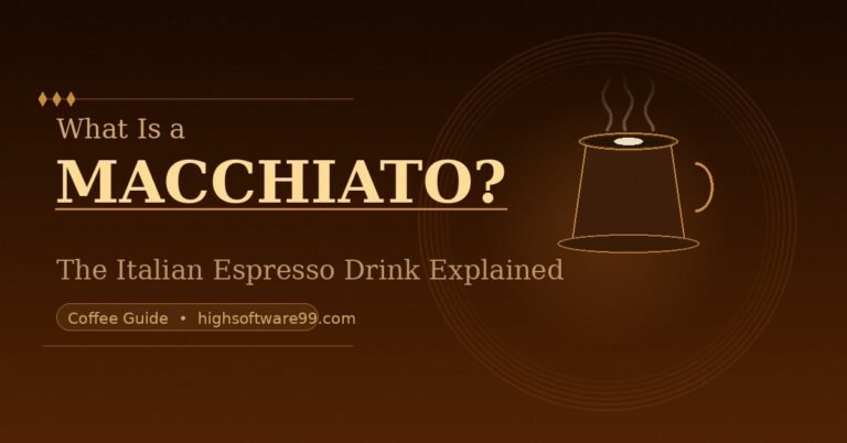 A steaming espresso macchiato cup with the text "What Is a Macchiato?" on a dark brown background.