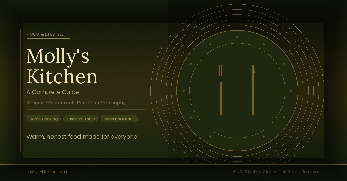 Molly's Kitchen featured image – dark olive green background with elegant serif typography, decorative plate motif, fork and knife silhouette, and tags reading Home Cooking, Farm-to-Table, and Seasonal Menus