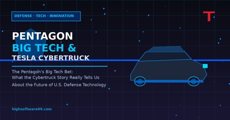 **Pentagon building with Tesla Cybertruck and Big Tech logos representing U.S. defense technology partnerships**