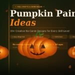Three painted pumpkins with fall decor, autumn leaves, and paint brushes — pumpkin painting ideas for Halloween and fall