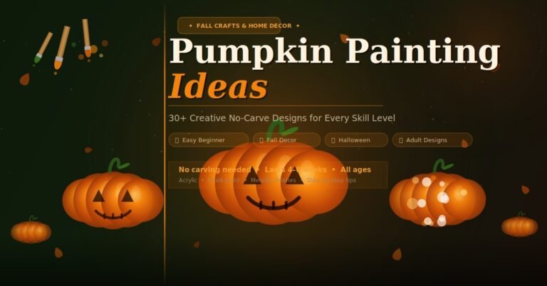 Three painted pumpkins with fall decor, autumn leaves, and paint brushes — pumpkin painting ideas for Halloween and fall