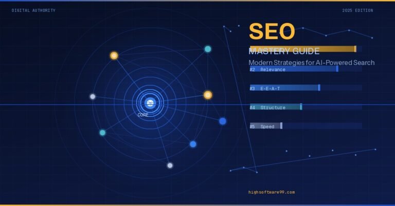 SEO mastery guide featured image showing a network authority diagram and ranking bar chart — highsoftware99.com