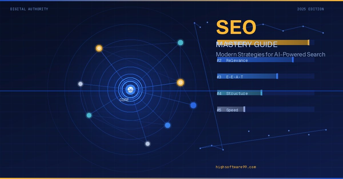SEO mastery guide featured image showing a network authority diagram and ranking bar chart — highsoftware99.com