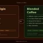**Single origin coffee vs blended coffee comparison infographic showing key differences in sourcing, flavor, and brewing style**