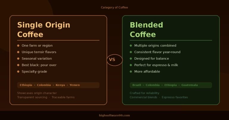 **Single origin coffee vs blended coffee comparison infographic showing key differences in sourcing, flavor, and brewing style**