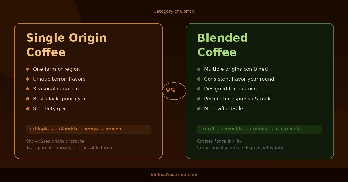 **Single origin coffee vs blended coffee comparison infographic showing key differences in sourcing, flavor, and brewing style**