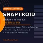 Snaptroid app review showing ghost icon with warning about safety risks and fake Snapchat features
