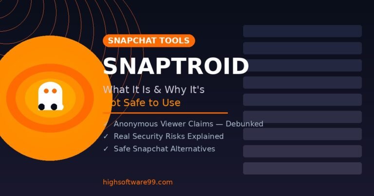Snaptroid app review showing ghost icon with warning about safety risks and fake Snapchat features