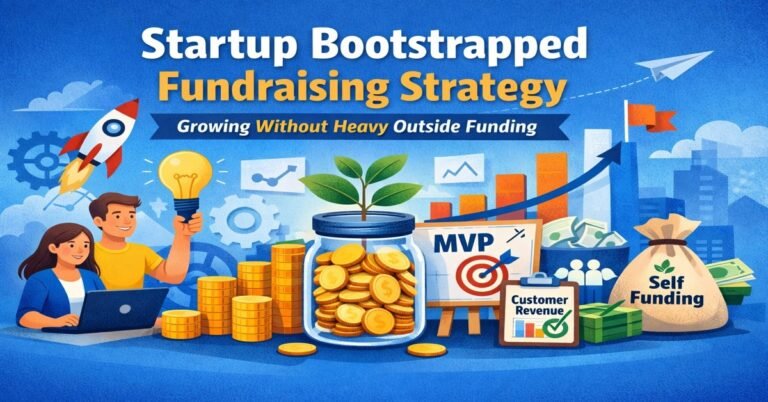 Startup bootstrapped fundraising strategy showing entrepreneurs growing a business using self funding, customer revenue, and MVP development