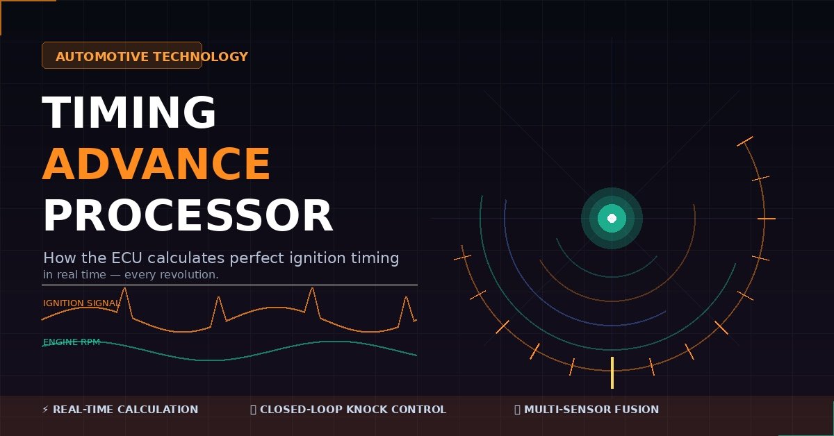 Diagram illustration of a timing advance processor showing a circular engine timing wheel with ignition signal waveforms, bold headline text reading "Timing Advance Processor," and ECU real-time calculation concept on a dark industrial background.`