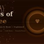 **Types of coffee guide featuring a top-down latte art cup surrounded by scattered coffee beans on a dark espresso brown background.**