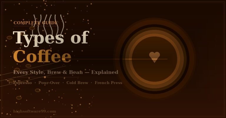 **Types of coffee guide featuring a top-down latte art cup surrounded by scattered coffee beans on a dark espresso brown background.**