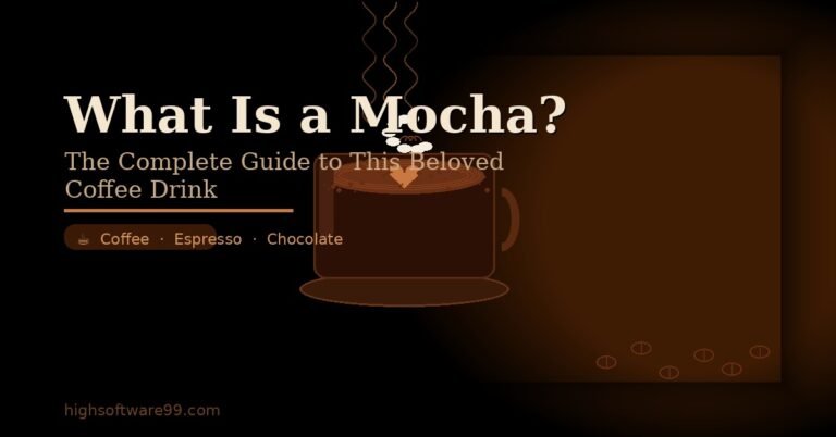 **A steaming mocha coffee cup with latte art, whipped cream, and chocolate drizzle on a dark espresso-toned background with the text "What Is a Mocha?"**