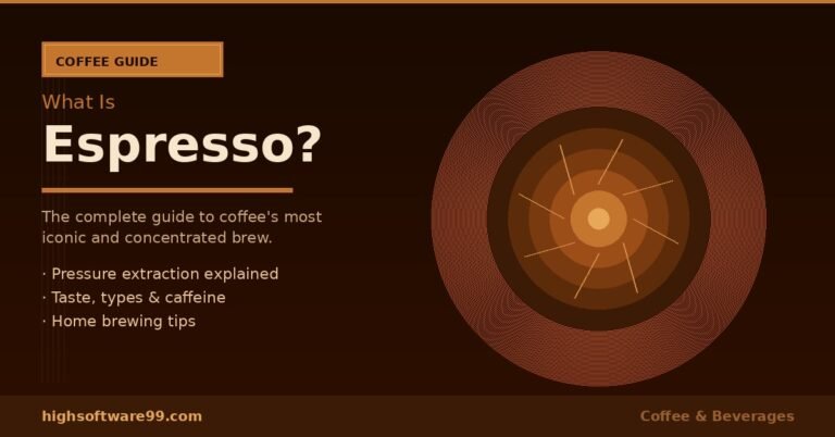 **Alt Text:** A rich dark-toned featured image with the text "What Is Espresso?" highlighting a complete coffee guide with brewing tips and caffeine information for highsoftware99.com.