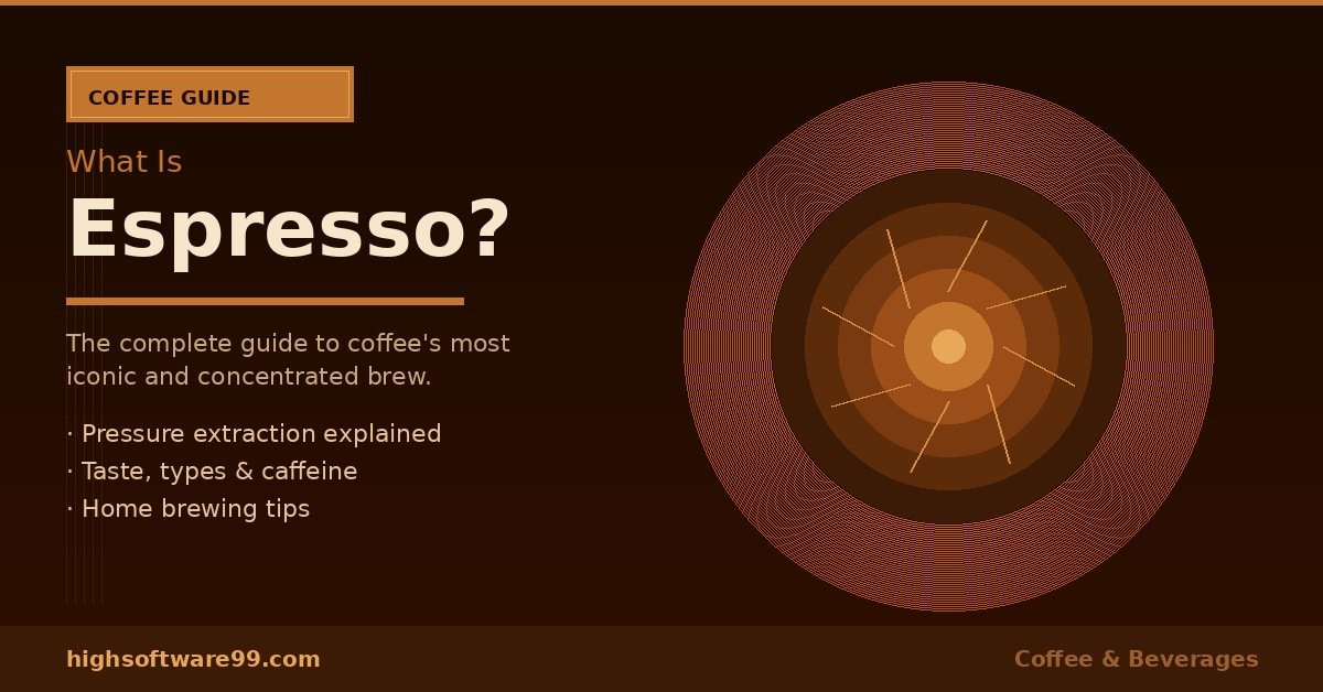 **Alt Text:** A rich dark-toned featured image with the text "What Is Espresso?" highlighting a complete coffee guide with brewing tips and caffeine information for highsoftware99.com.