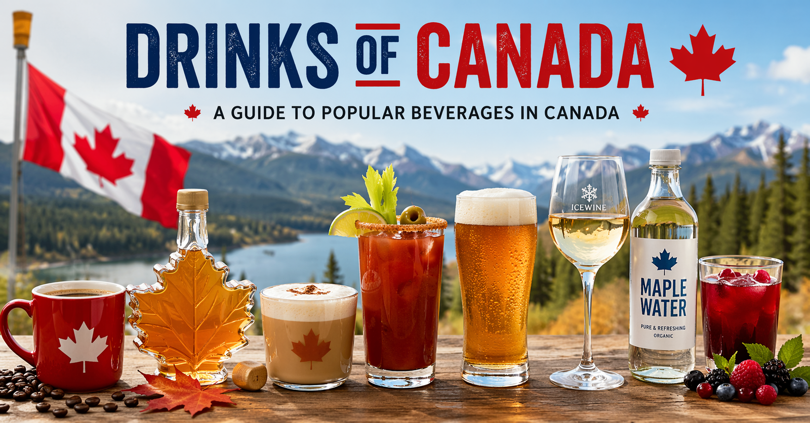 Drinks of Canada featured image showing coffee, maple syrup, Caesar cocktail, beer, ice wine, maple water, and berry juice displayed on a wooden table with a Canadian flag and mountain lake background.