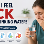 Being sick after drinking water illustration showing woman feeling nauseous holding a glass of water with causes listed