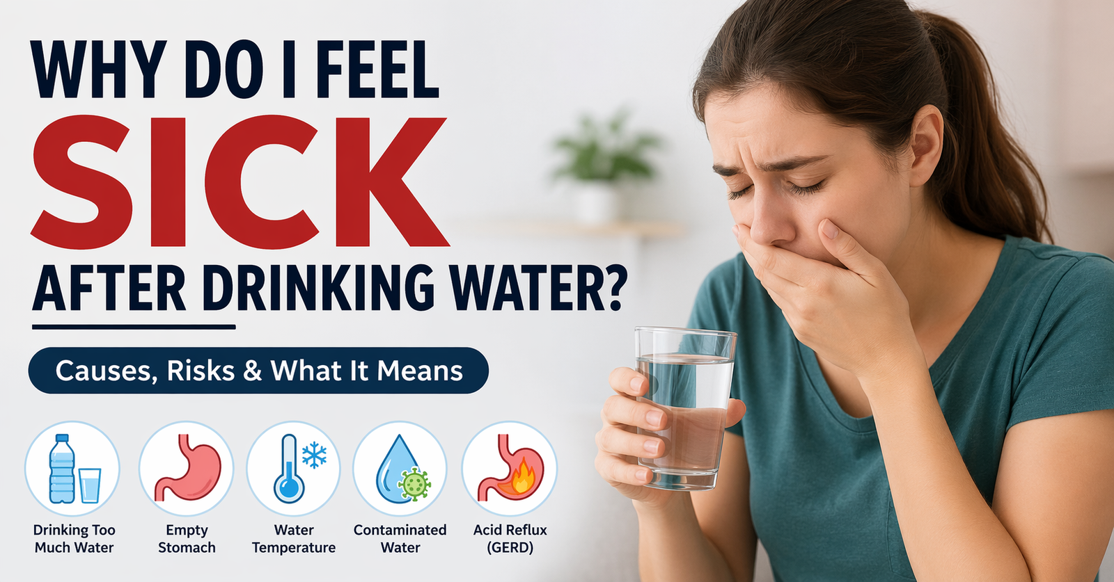 Being sick after drinking water illustration showing woman feeling nauseous holding a glass of water with causes listed