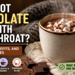 Hot chocolate in a steaming mug with marshmallows, alongside bold text asking if it helps a sore throat, styled as a warm, cozy health infographic