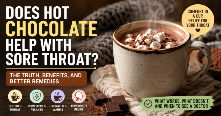 Hot chocolate in a steaming mug with marshmallows, alongside bold text asking if it helps a sore throat, styled as a warm, cozy health infographic