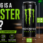 Monster Energy can size infographic showing a 16 oz can with height (6.2 inches / 15.7 cm), diameter (2.5 inches / 6.35 cm), and comparison with Red Bull and standard soda cans