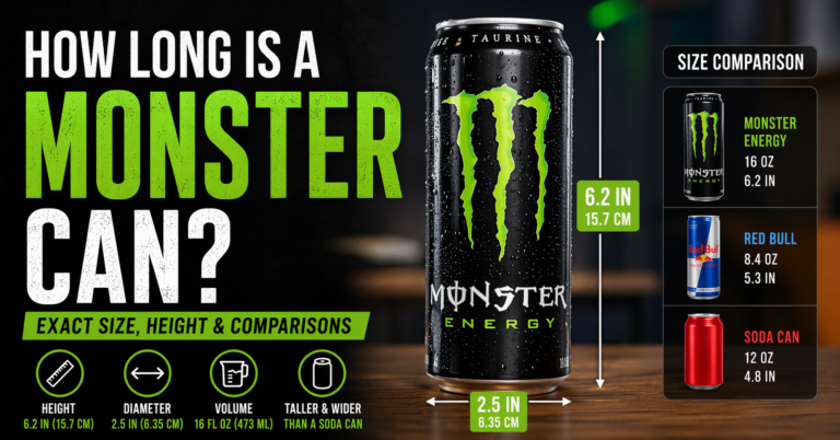 Monster Energy can size infographic showing a 16 oz can with height (6.2 inches / 15.7 cm), diameter (2.5 inches / 6.35 cm), and comparison with Red Bull and standard soda cans
