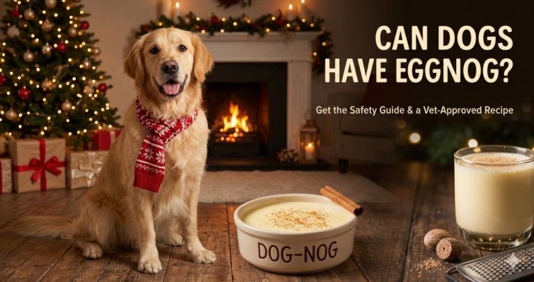 A Golden Retriever wearing a holiday scarf sitting next to a bowl of dog-safe eggnog ("Dog-Nog") in a festive living room. Overlay text reads: "Can Dogs Have Eggnog? Get the Safety Guide & a Vet-Approved Recipe."