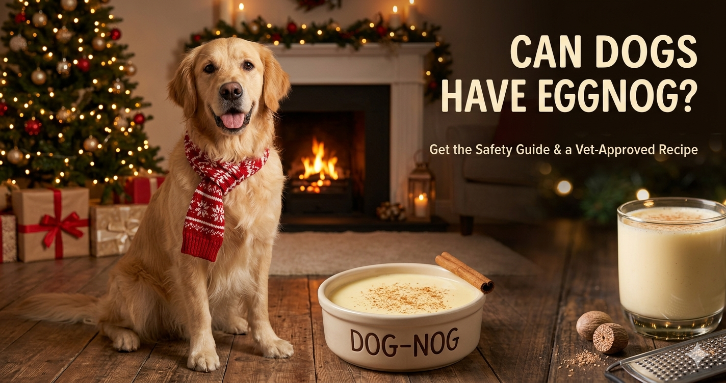 A Golden Retriever wearing a holiday scarf sitting next to a bowl of dog-safe eggnog ("Dog-Nog") in a festive living room. Overlay text reads: "Can Dogs Have Eggnog? Get the Safety Guide & a Vet-Approved Recipe."