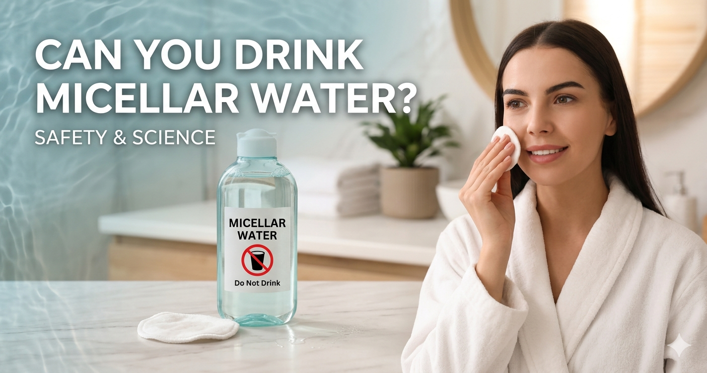 A professional, high-quality blog featured image (1200x628) showing a woman in a white bathrobe gently applying micellar water to her face with a cotton pad in a bright bathroom. In the foreground, a clear bottle of micellar water sits on a marble counter with a prominent "Do Not Drink" warning icon on the label. The text overlay reads: "CAN YOU DRINK MICELLAR WATER? SAFETY & SCIENCE."