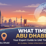 **"A professional blog header image for 'What time is it in Abu Dhabi now' featuring a stylized sunset over the Abu Dhabi skyline with the Sheikh Zayed Grand Mosque and Etihad Towers. A vintage clock is set to GST (UTC+4), and a transparent globe highlights the UAE's location. The text overlay reads 'Your Expert Guide to UAE Time Management'."**