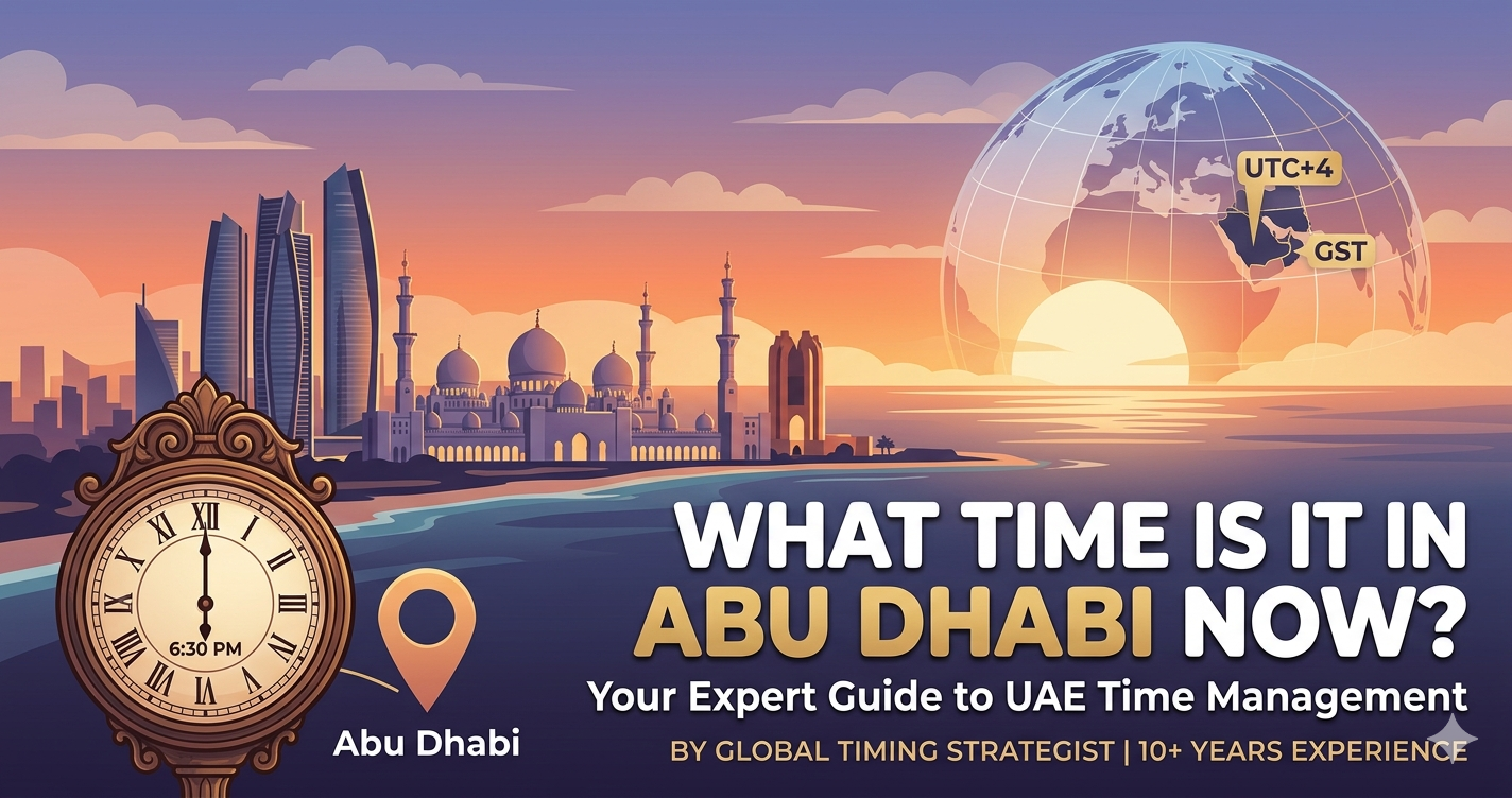 **"A professional blog header image for 'What time is it in Abu Dhabi now' featuring a stylized sunset over the Abu Dhabi skyline with the Sheikh Zayed Grand Mosque and Etihad Towers. A vintage clock is set to GST (UTC+4), and a transparent globe highlights the UAE's location. The text overlay reads 'Your Expert Guide to UAE Time Management'."**