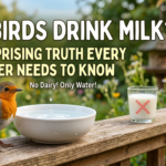 A European Robin on a wooden deck next to a bowl of water, with a crossed-out glass of milk and text reading "Can Birds Drink Milk?".