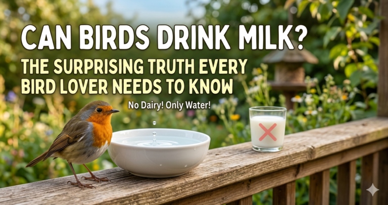 A European Robin on a wooden deck next to a bowl of water, with a crossed-out glass of milk and text reading "Can Birds Drink Milk?".
