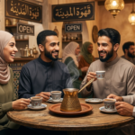 **Alt Text:** A diverse group of smiling Muslim men and women sitting around a wooden table in a traditional Middle Eastern coffee house, enjoying coffee served from a copper cezve into ornate small cups. The background features warm lighting, Islamic geometric tiles, and Arabic calligraphy.