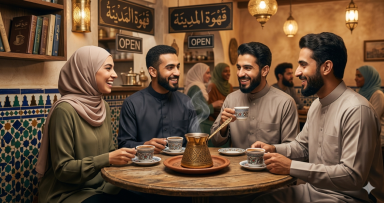 **Alt Text:** A diverse group of smiling Muslim men and women sitting around a wooden table in a traditional Middle Eastern coffee house, enjoying coffee served from a copper cezve into ornate small cups. The background features warm lighting, Islamic geometric tiles, and Arabic calligraphy.