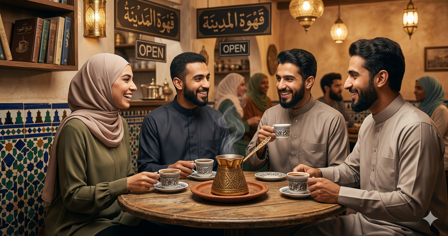**Alt Text:** A diverse group of smiling Muslim men and women sitting around a wooden table in a traditional Middle Eastern coffee house, enjoying coffee served from a copper cezve into ornate small cups. The background features warm lighting, Islamic geometric tiles, and Arabic calligraphy.