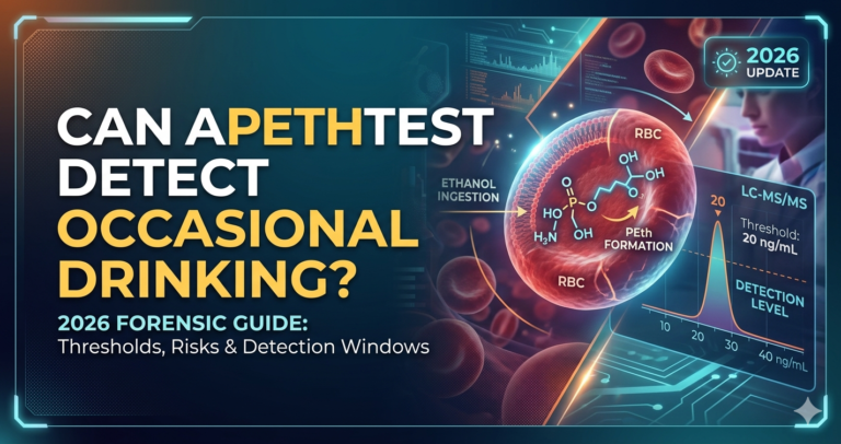A high-tech medical infographic for 2026 titled "Can a PEth Test Detect Occasional Drinking?" featuring a 3D visualization of a red blood cell (RBC) showing ethanol molecules forming Phosphatidylethanol (PEth) on the cell membrane. The image includes a digital LC-MS/MS lab graph highlighting the 20 ng/mL detection threshold and modern UI elements indicating a 2026 forensic update.