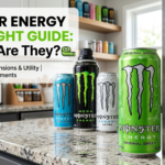 A collection of various Monster Energy cans—including the standard 16oz Original Green, a 24oz Mega Monster, and a 12oz Sleek can—sitting on a kitchen countertop. A metal ruler is positioned vertically next to the main 16oz can, illustrating the measurement for the primary keyword: how tall are monster energy cans.