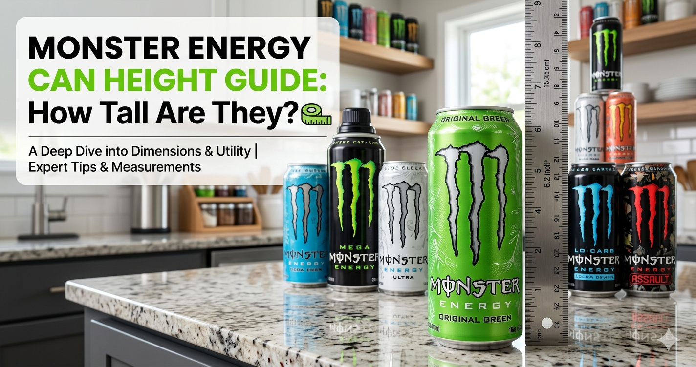 A collection of various Monster Energy cans—including the standard 16oz Original Green, a 24oz Mega Monster, and a 12oz Sleek can—sitting on a kitchen countertop. A metal ruler is positioned vertically next to the main 16oz can, illustrating the measurement for the primary keyword: how tall are monster energy cans.