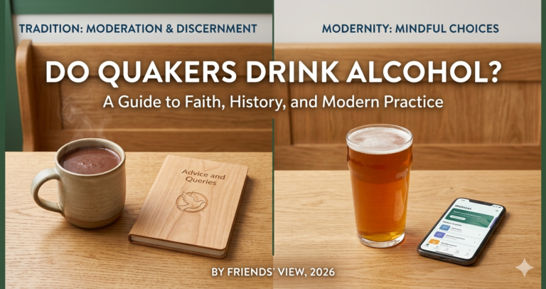 A split-screen horizontal image titled "Do Quakers Drink Alcohol?" comparing Quaker traditions and modern practices. On the left, a mug of hot chocolate sits next to a wooden "Advice and Queries" book, representing historical temperance. On the right, a glass of craft beer sits next to a smartphone displaying a mindfulness app, representing 2026-standard individual discernment and the "Inner Light."