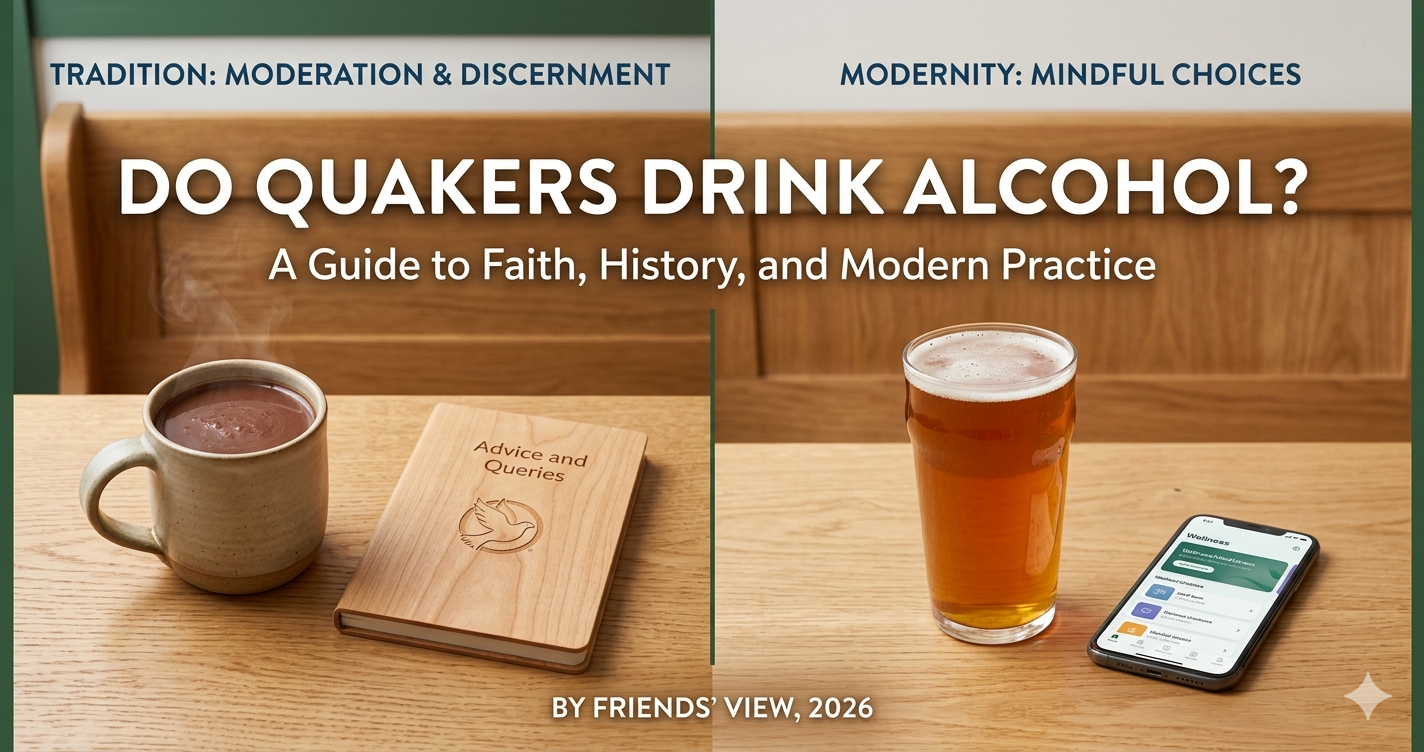 A split-screen horizontal image titled "Do Quakers Drink Alcohol?" comparing Quaker traditions and modern practices. On the left, a mug of hot chocolate sits next to a wooden "Advice and Queries" book, representing historical temperance. On the right, a glass of craft beer sits next to a smartphone displaying a mindfulness app, representing 2026-standard individual discernment and the "Inner Light."